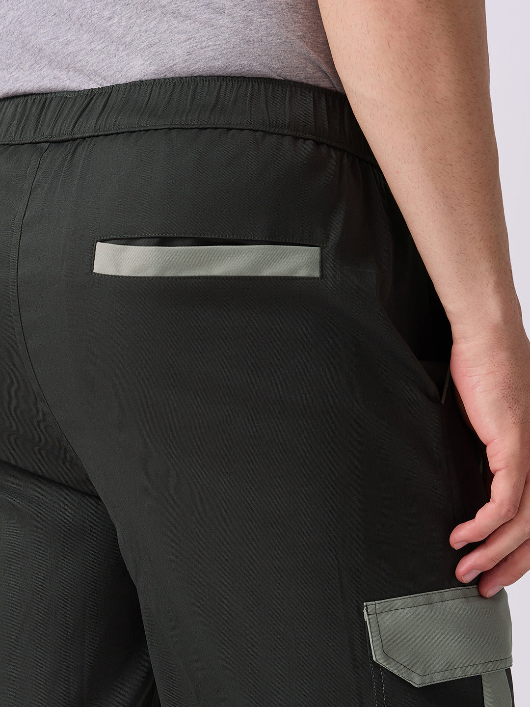 Olive Cargo Parachute Pants with Grey Trim