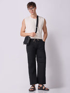 Black Panelled-Knee Parachute Pants – White Contrast Stitch