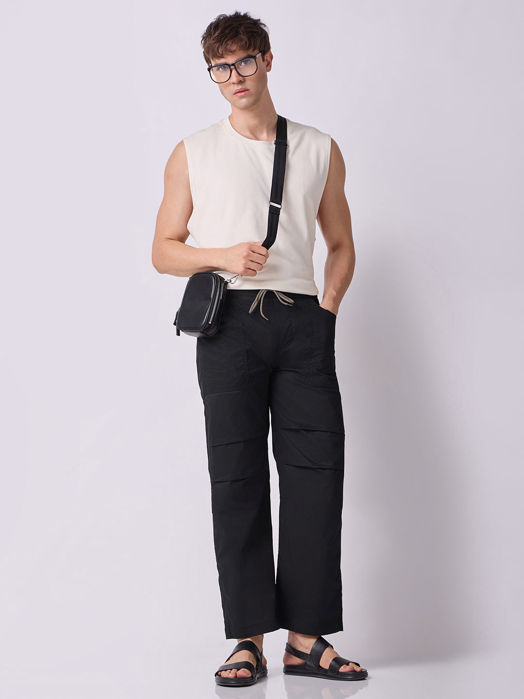 Black Panelled-Knee Parachute Pants – White Contrast Stitch
