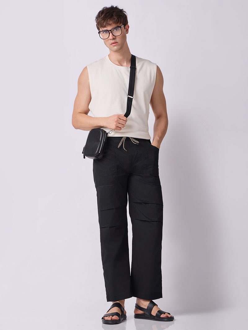 Black Panelled-Knee Parachute Pants – White Contrast Stitch