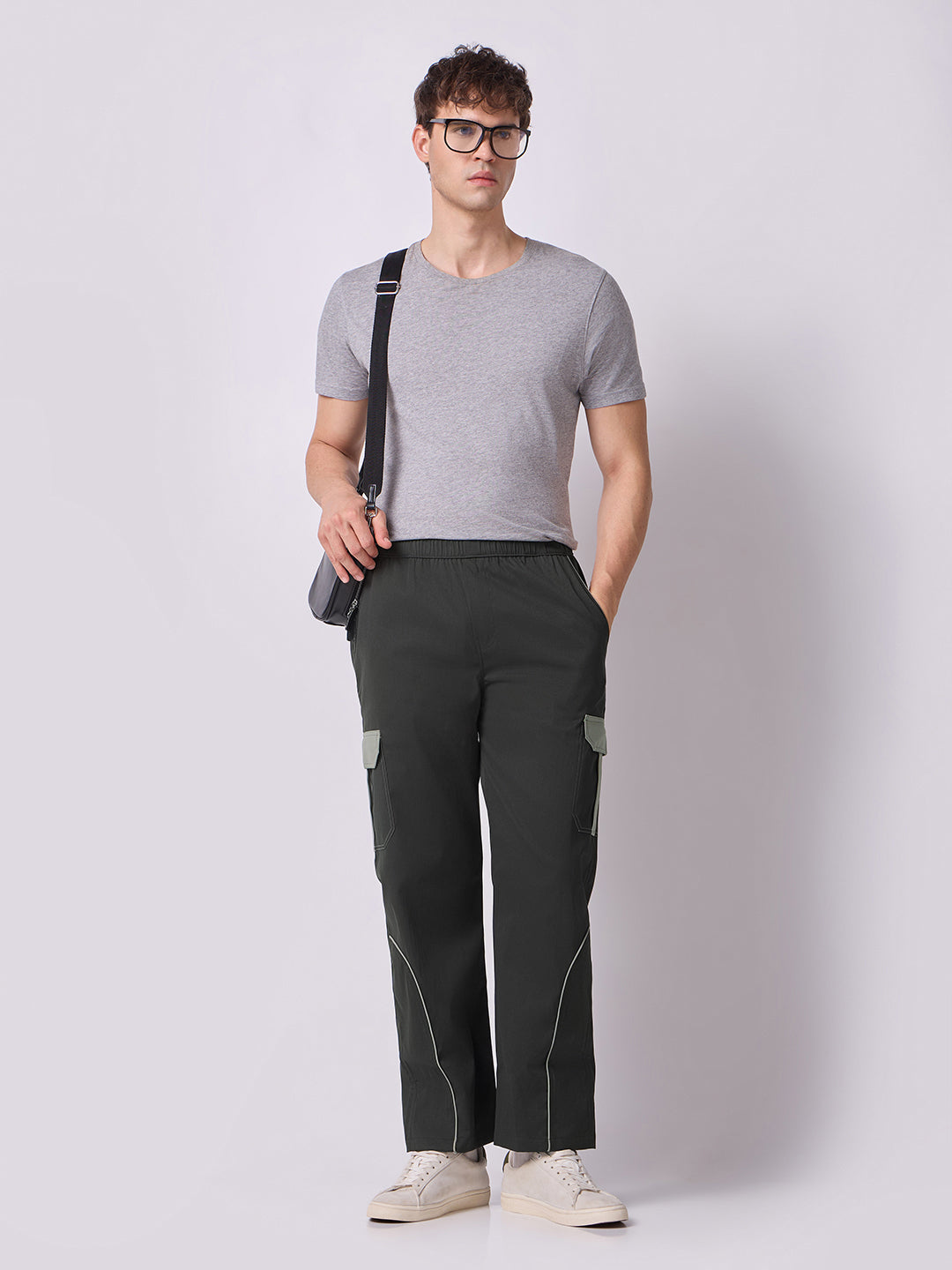 Olive Cargo Parachute Pants with Grey Trim