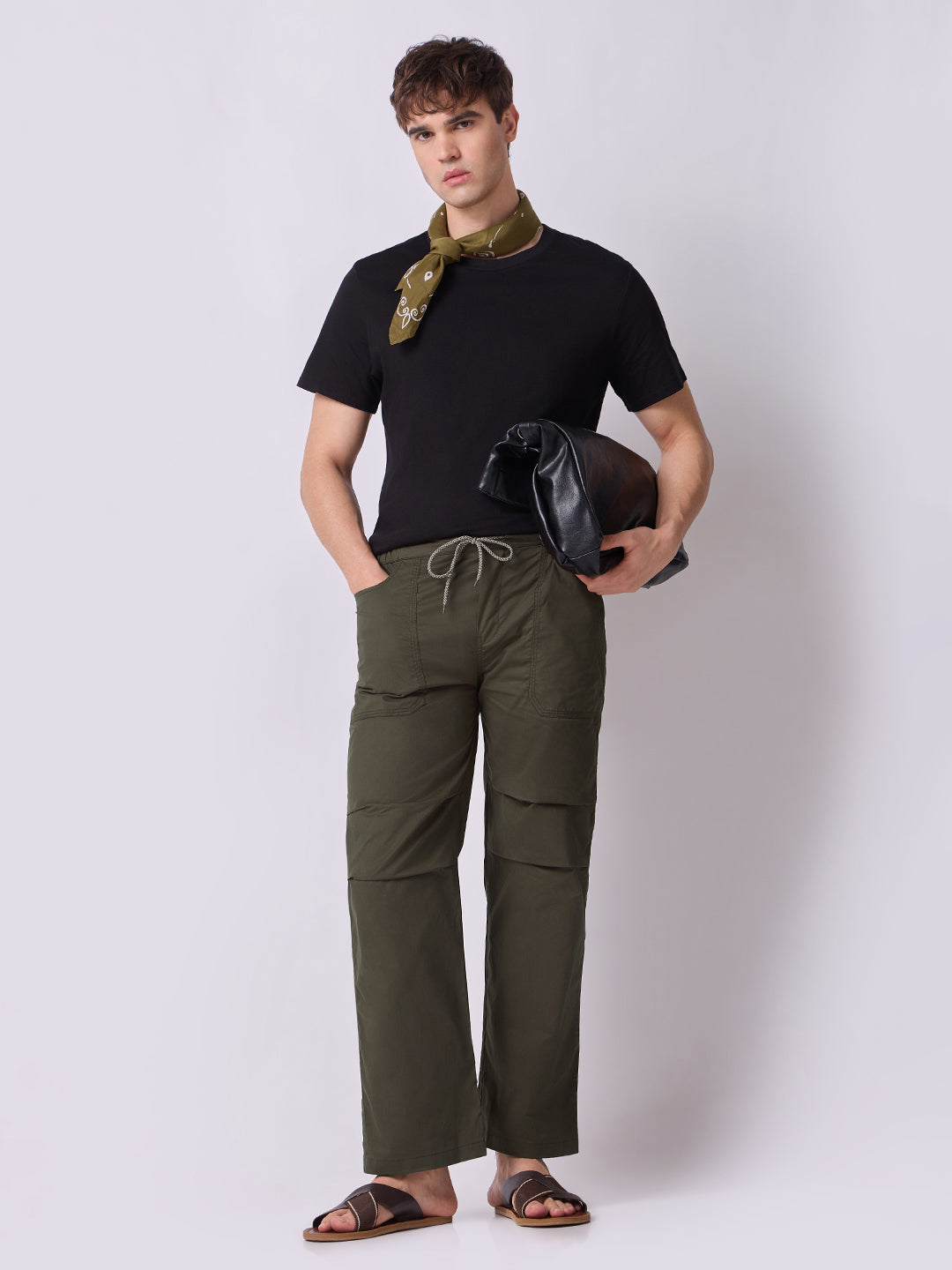 Deep Olive Panelled-Knee Parachute Pants