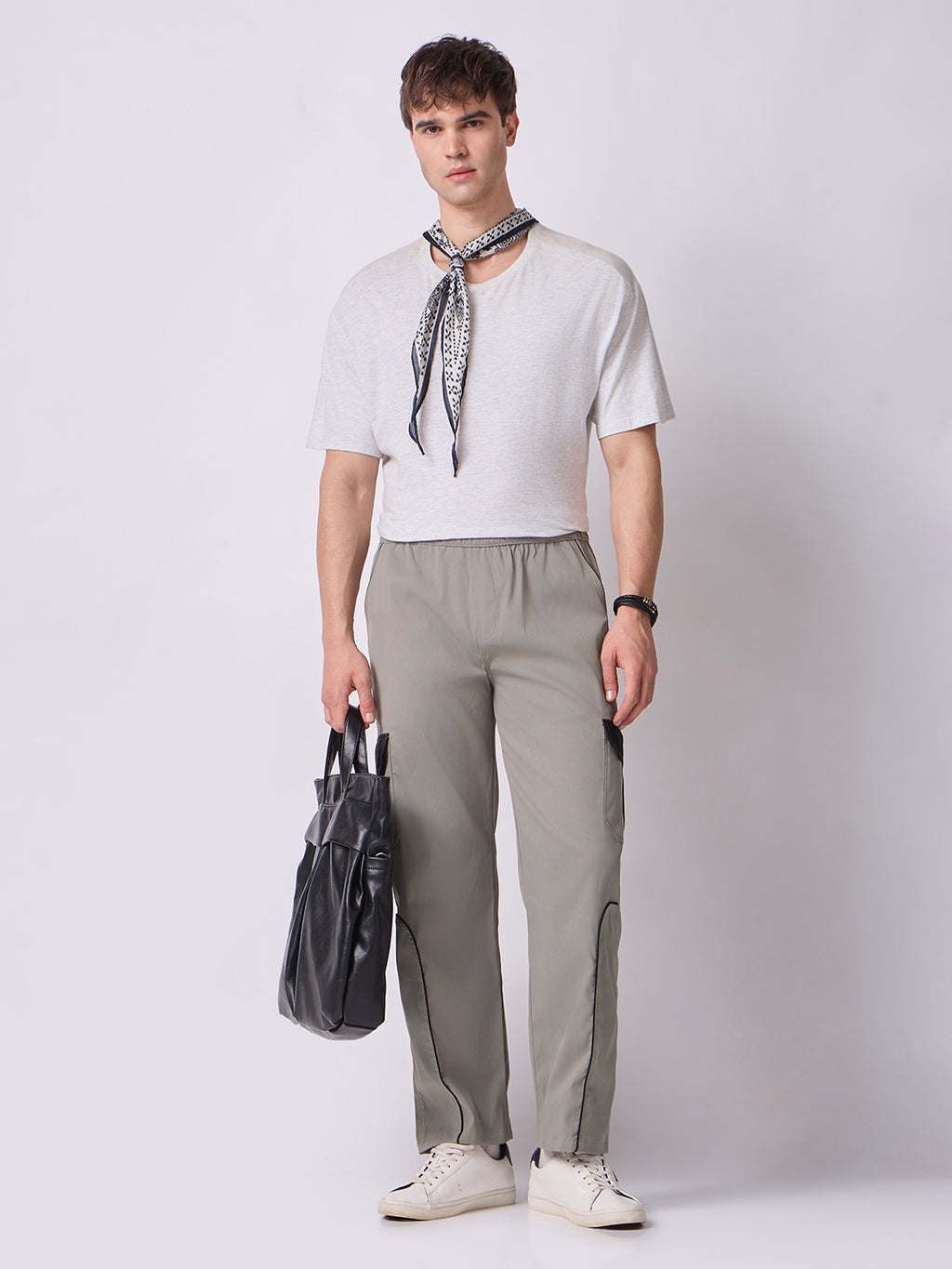 Grey Cargo Parachute Pants with Black Trim