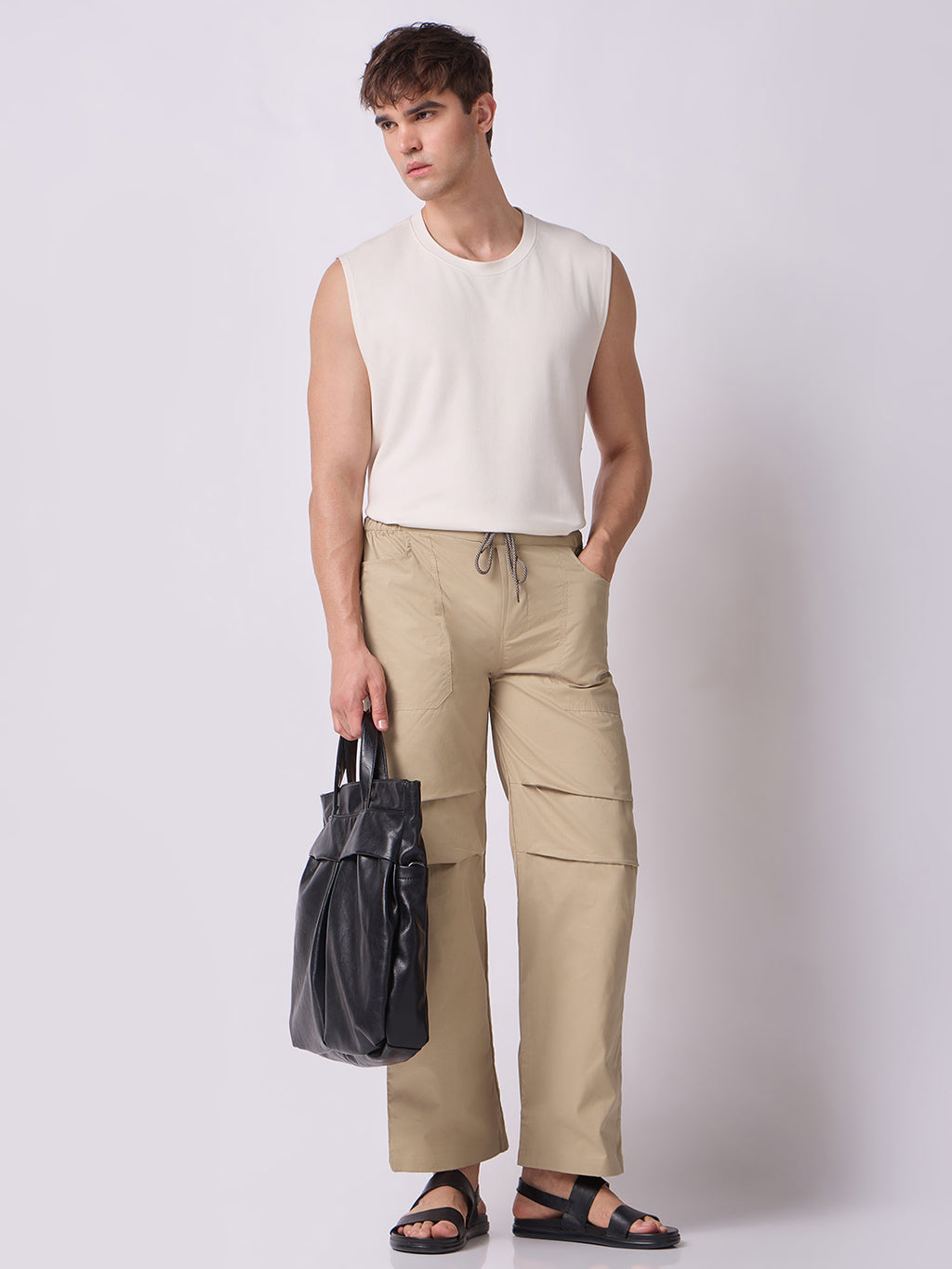Khaki Panelled-Knee Parachute Pants