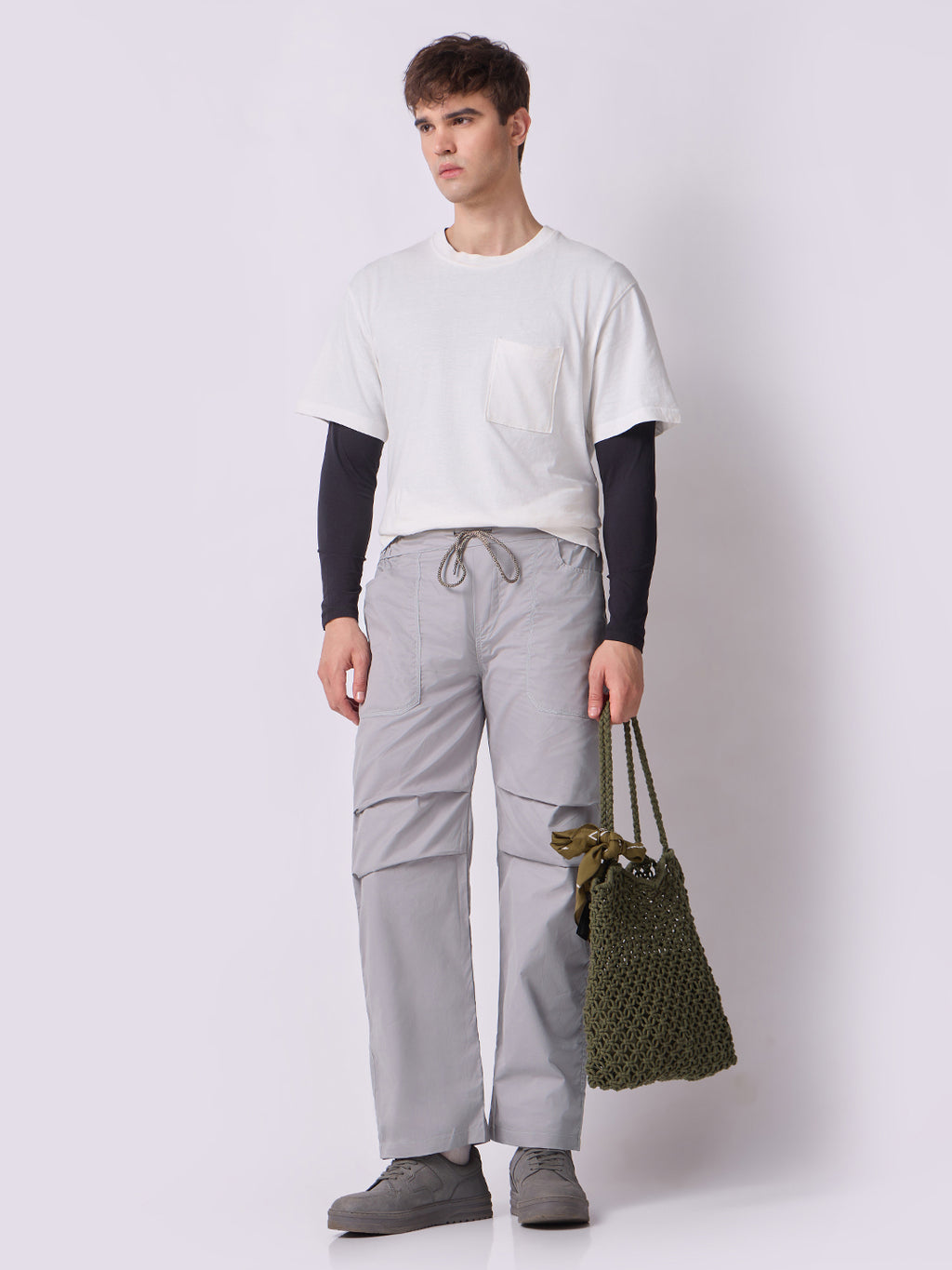 Grey Panelled-Knee Parachute Pants